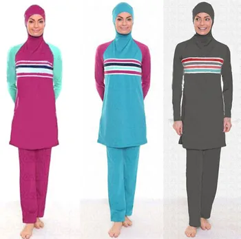 

Contrast Color Swimming Muslim Women Patchwork Islamic Swimwear Female Printed Modest Swimsuits Hooded Hijab Arabic Clothes