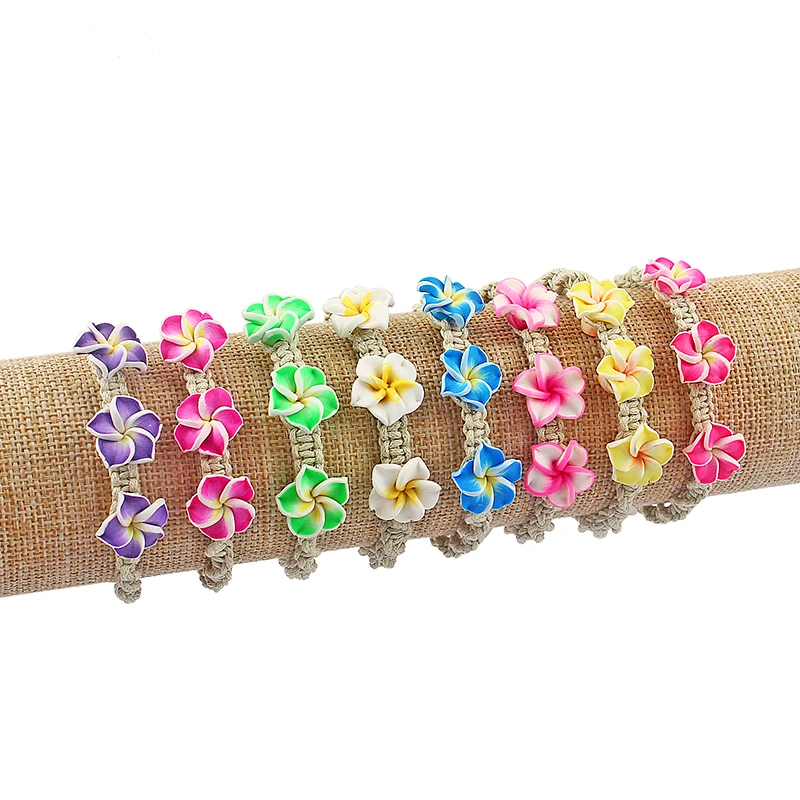

6PCS A Plumeria Flower Fimo Clay Friendship Handmade Waxed Cord Bracelets Surf 8 Colors You Choose