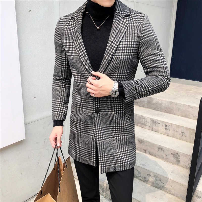 Осенне-зимнее шерсятнное пальто серый черный плед умный повседневный мужской шерстяной пиджак Англия средней длины пальто куртки тонкий мужской