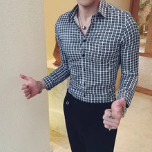 Мужские рубашки, мода, мужская клетчатая рубашка с длинным рукавом, Нежные мужские облегающие мужские рубашки в стиле кэжуал, платье, универсальная блузка Homme 3XL-M