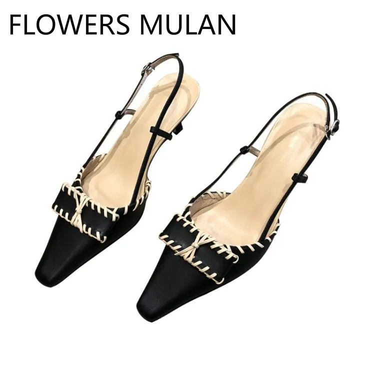 

Black Leather Chic Sewing Upper Sandalias Mujer Pointed Toe Bowtie Buckle Ladies Shoes Back Strap Stiletto Kitten Heels Zapatos
