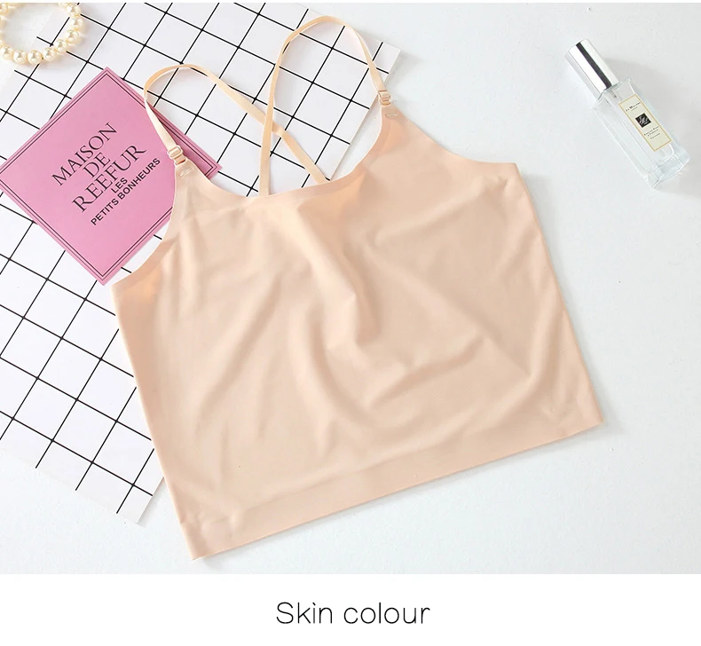 Fashion Strappy Back Women's Modal Seamless One Piece Crop Top, Ice Silk Short Camisole Lingerie Cross Crop Top Low-cut Sun-top