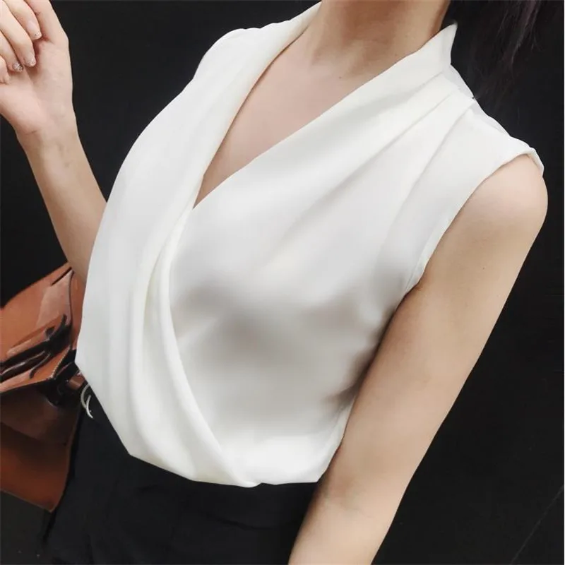 

Deep V-Neck Women Shirt Pure Color Tops Autumn Summer Spring Female Rayon Sleeveless Elegant Office Lady Blouse