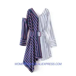 2018 весна элегантный полосатый лоскутное глубоким v-образным вырезом платья Для женщин Асимметричный Ремни с длинным рукавом платье