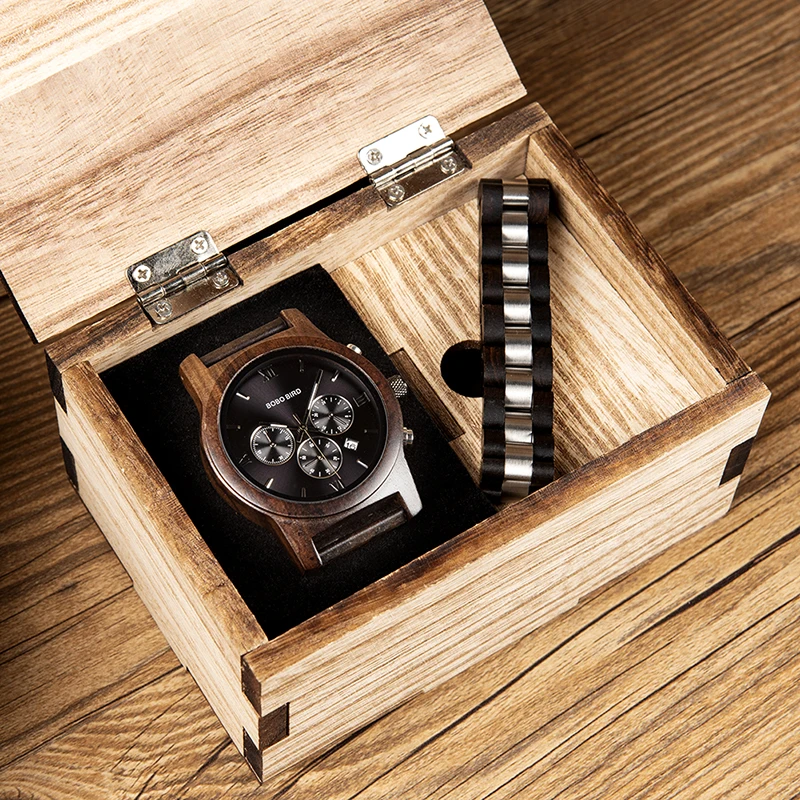 BOBO BIRD Fashion Stylish Men Wood Watches With Bracelet Business Quartz Timepiece Chronograph Stop Watch Best Gift In Box P19-1