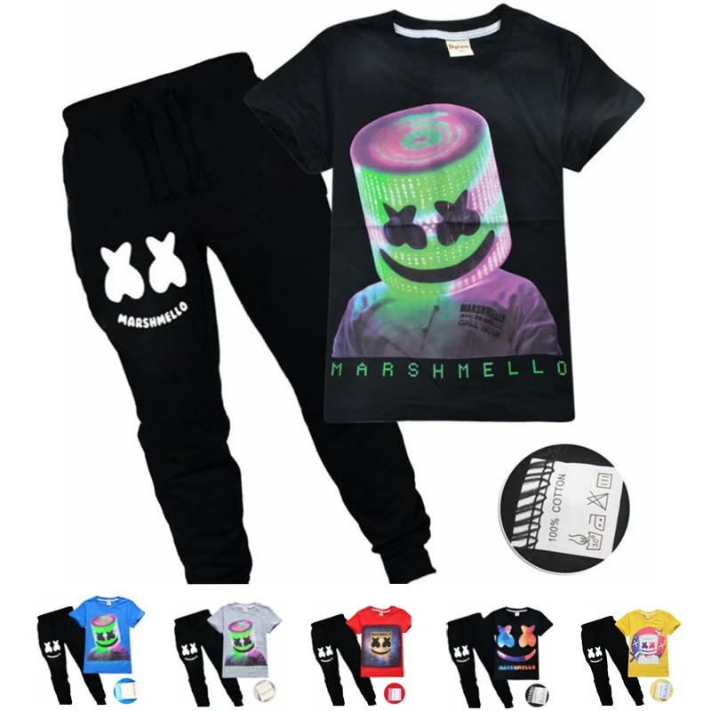 

Cotton DJ Marshmello 2019 cartoon children's suit Short sleeve T-shirt trousers two-piece girls clothes children boy clothes