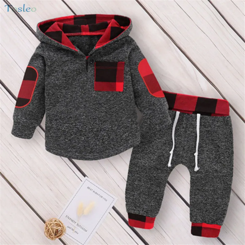 

Boys Clothing Set Spring 1pc Tops+1pc Pants Kids Hooded Outfits Children Long Sleeve Costumes Grey 2-7T