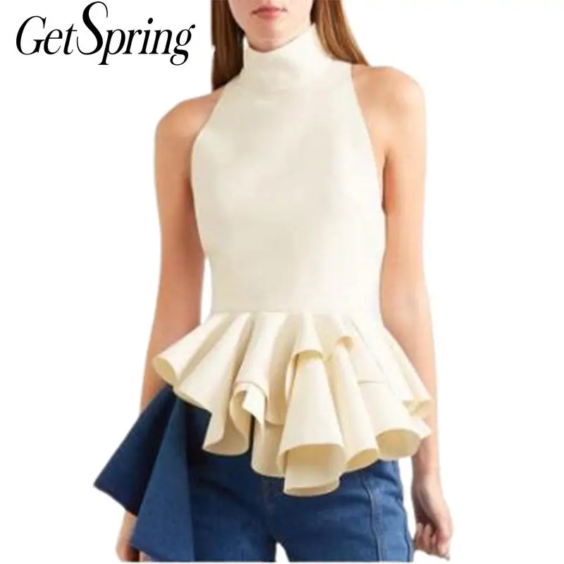 

GETSPRING Women Shirt Ruffles Turtleneck Sleeveless Asymmetry Womens Tops Blouses Vintage Plus Size Sexy Off Shoulder Top 2019