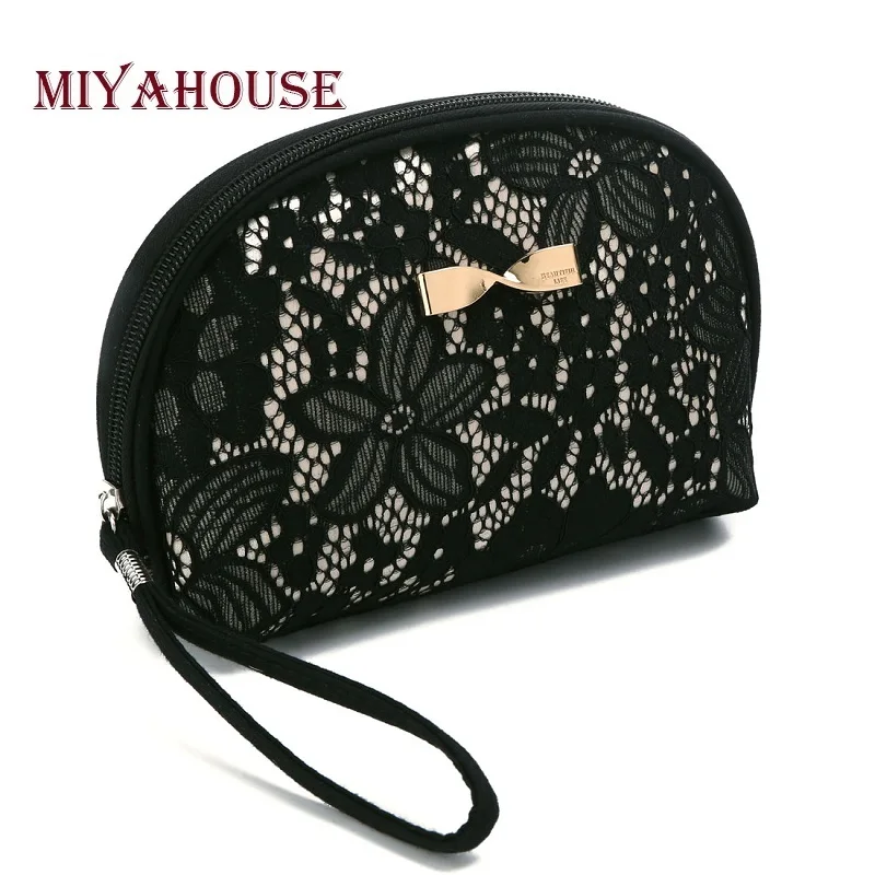 Miyahouse Роскошная Черная кружевная дизайнерская косметичка с металлическим бантом, женские косметички на молнии, маленькая сумочка для туалетных принадлежностей, Дамская моющаяся сумка