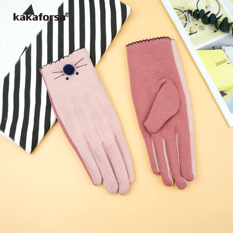 Kakaforsa элегантные женские зимние розовые теплые перчатки милые кошачьи замшевые