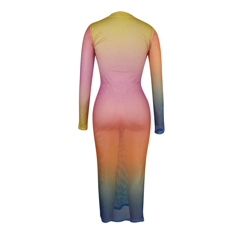 Градиент цвета радуги размера плюс платье женщин сетки сплайсированные выдалбливают Bodycon Вечерние платья летние с длинным рукавом Перспектива платья