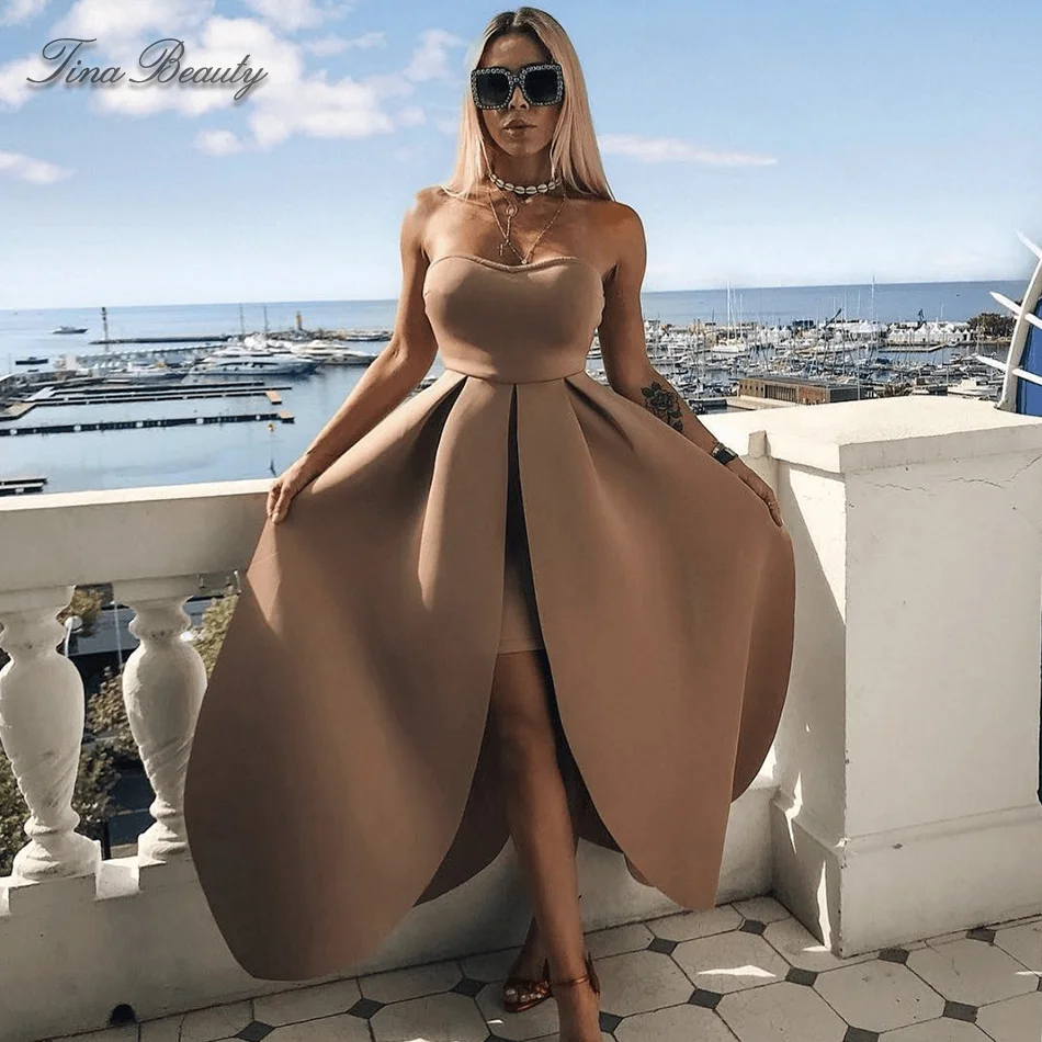 

Tina Beauty Multi Color Strapless Sleeveless V Neck Long Dress Women's Bustier Bare Back Cascading Ruffle Pleated Party Dresses