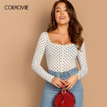 COLROVIE белая Повседневная футболка в горошек с квадратным вырезом Женская одежда зеленая элегантная рубашка с длинным рукавом облегающая Сексуальная футболка