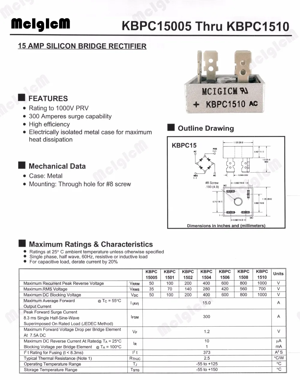 MCIGICM 15A 1000V diode bridge rectifier kbpc1510