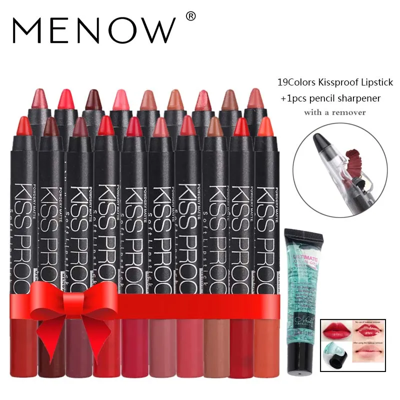 

Menow Make up set 19 Color/Pack Kiss proof Waterproof Lipstick Gift 1Pcs Pencil sharpener and 1Pcs Remover gel drop ship 5367