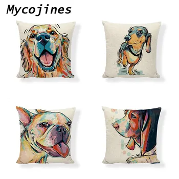 

Color Painting Dog Cushion Cover 45CM Personality Cartoon Painted Dog Pattern Decoration Linen Office Home Sofa Warm Pillowcase