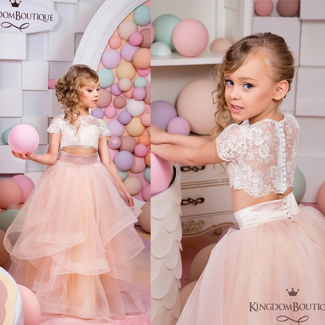 Cheap Little Girls Party Dresses Ruffle Tulle Crew Neckline Sheer Short Sleeve Lace Two Pieces Ruffle Long Little Flower Girls' Dress