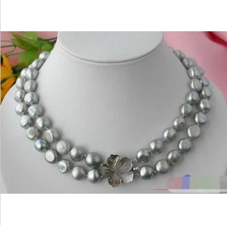 

FREE SHIPPING>@@> 2ROW 13MM GRAY BAROQUE FRESHWATER CULTURED PEARL NECKLACE ^^^@^Noble style Natural Fine jewe &