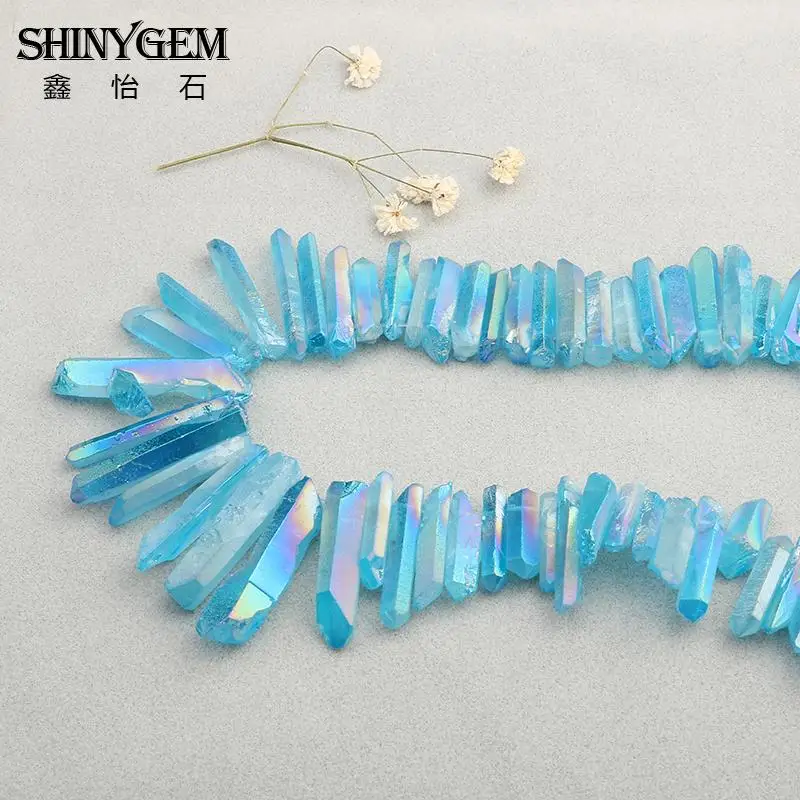 15.5Strand Light Blue AB Titanium Quartz Crystal Top Drilled Point Pendant BeadsRock Raw Crystal Pillar Beads Jewelry Fashion Jewelry