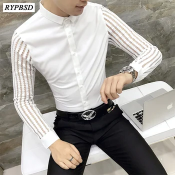 

2018 New Arrival Autumn Mens Lace Shirt Party Prom See Throught Shirt Men Chemise Homme Social Club Shirt M-3XL Black White