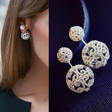 Luxury Full Micro Cubic Zirconia Pave Double Sided Hollow Balls Silver Jacket Earrings Trendy Costume Jewelry