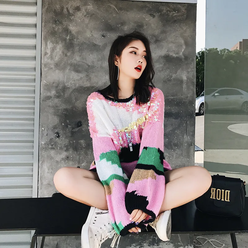 2018 Winter Fashion Sweet Pink Sweater Pullovers Women Long Sleeve Patchowork Sequins Femme Pull Jumper Harajuku Korean Clothing | Женская