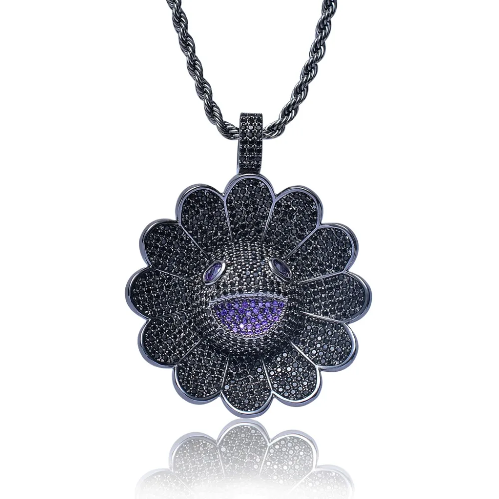 

Newest Hiphop Sunflower Pendant Necklace Iced Out AAA+ Cubic Zircon Hiphop Black Flowers Pendant Jewelry Can Spin For 50 Seconds