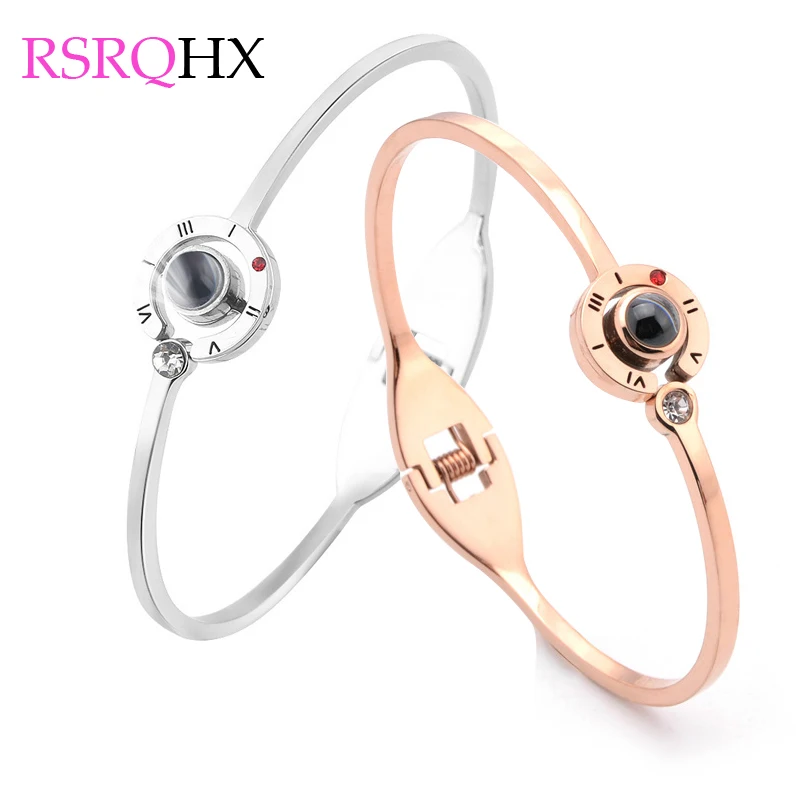 

Hot Projection Cuff Bangles Bracelets 100 Languages I love You Memory Roman Numerals Jewelry Women Girlfriend Best Gifts Fashion