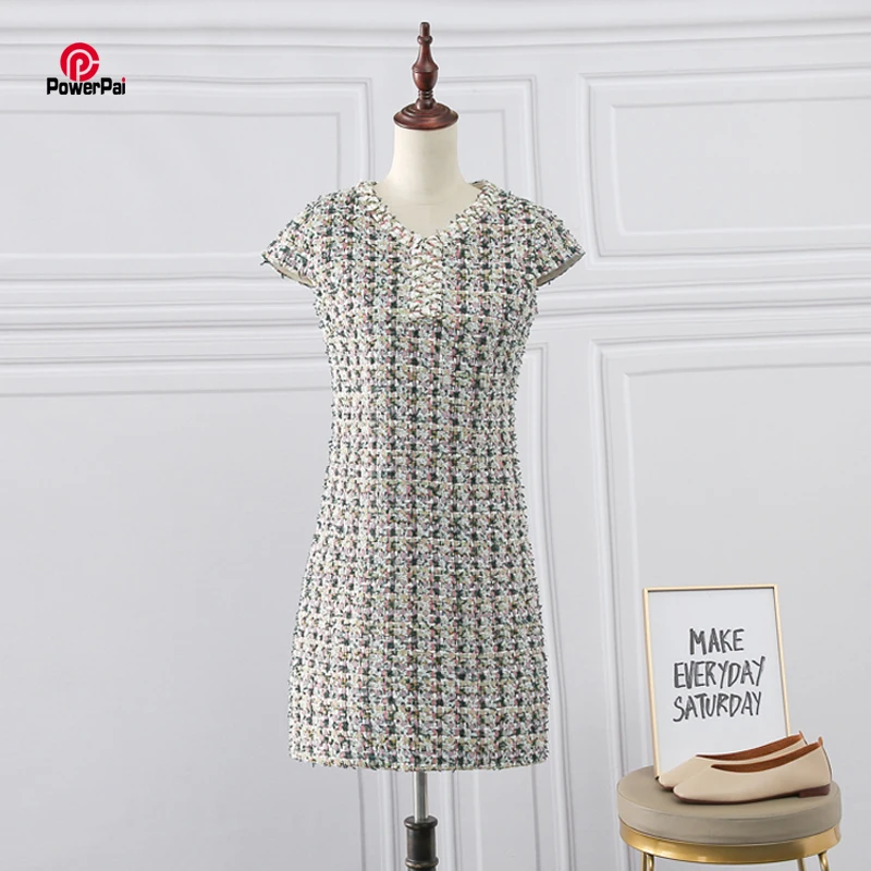 

Brand Fashion Week Short Sleeve Colored Tweed ONE-PIECE DRESS V Collar a-line Robe Senior Customize Women Clothing Spring New