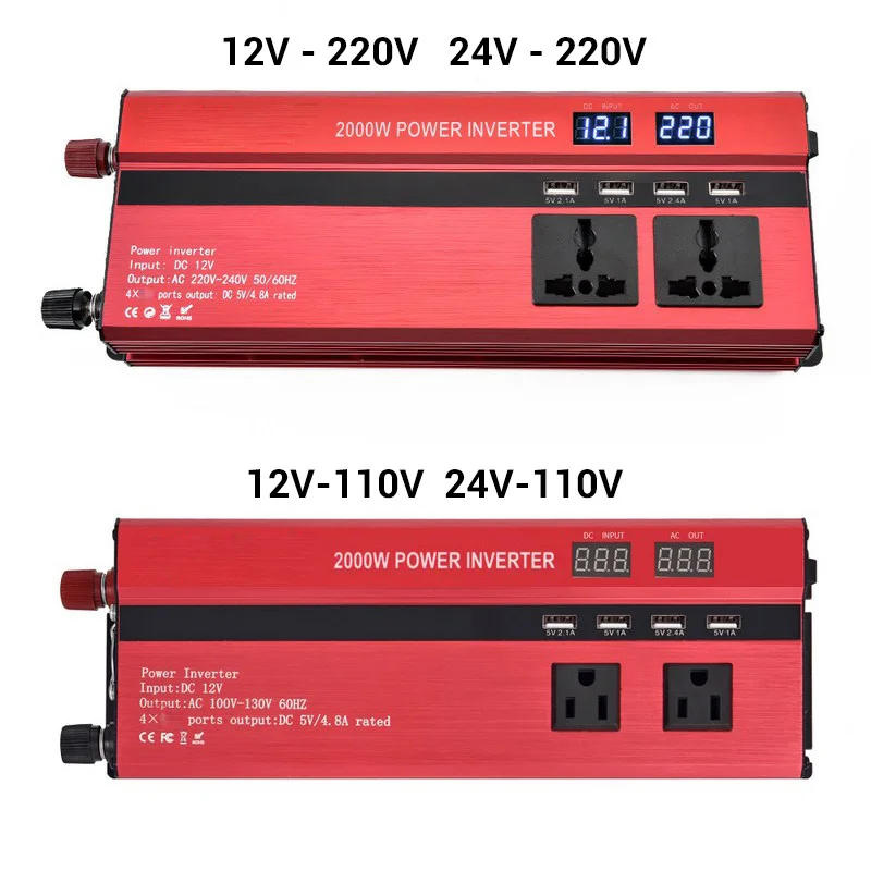 

Dual Display Car Inverter 12V to 110V Power Inverter 2000W Converter Modified Sine Car Power Inverter 4 Port Charger Car Adapter