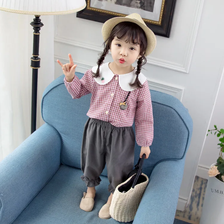 

2019 spring new children's Korean version of the set lattice lapel long-sleeved shirt hip-hop harem pants two-piece