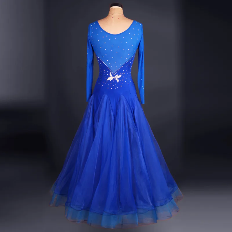Настроить синий взрослых Венский Костюмы для бальных танцев фокстрот быстрый шаг Танго современный галоп вальс diamond конкурс платье для