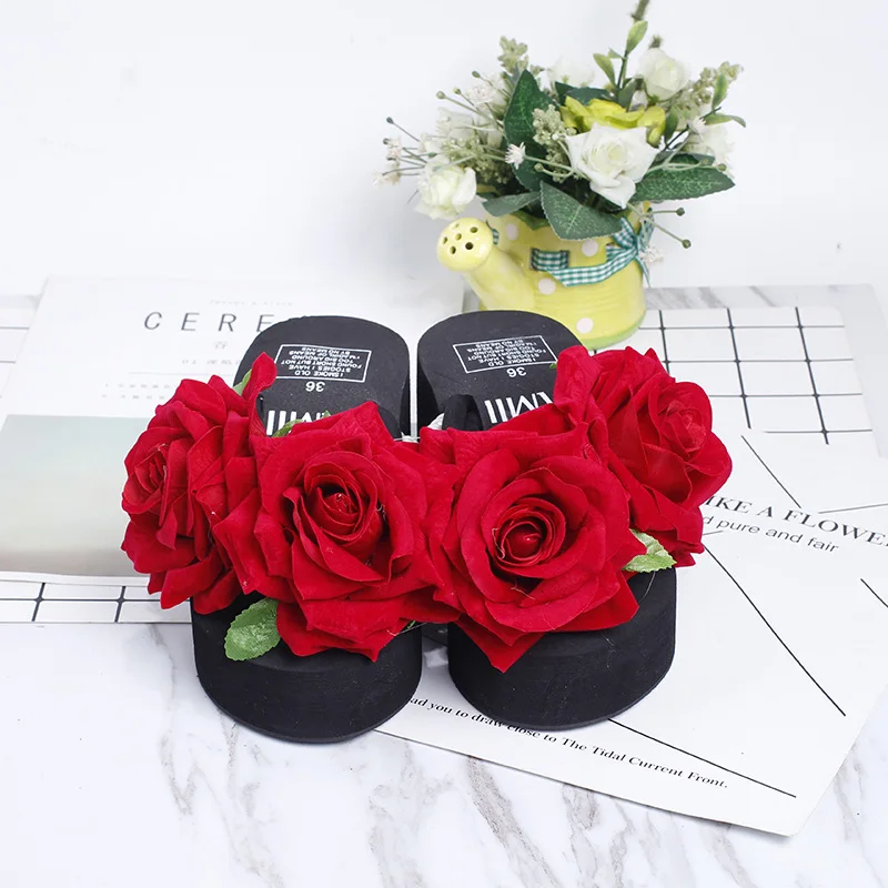 Chanclas/шлепанцы ручной работы с цветами роз и жемчугом; женские пляжные вьетнамки на высоком каблуке; Летние босоножки на платформе; zapatos mujer; женская обувь