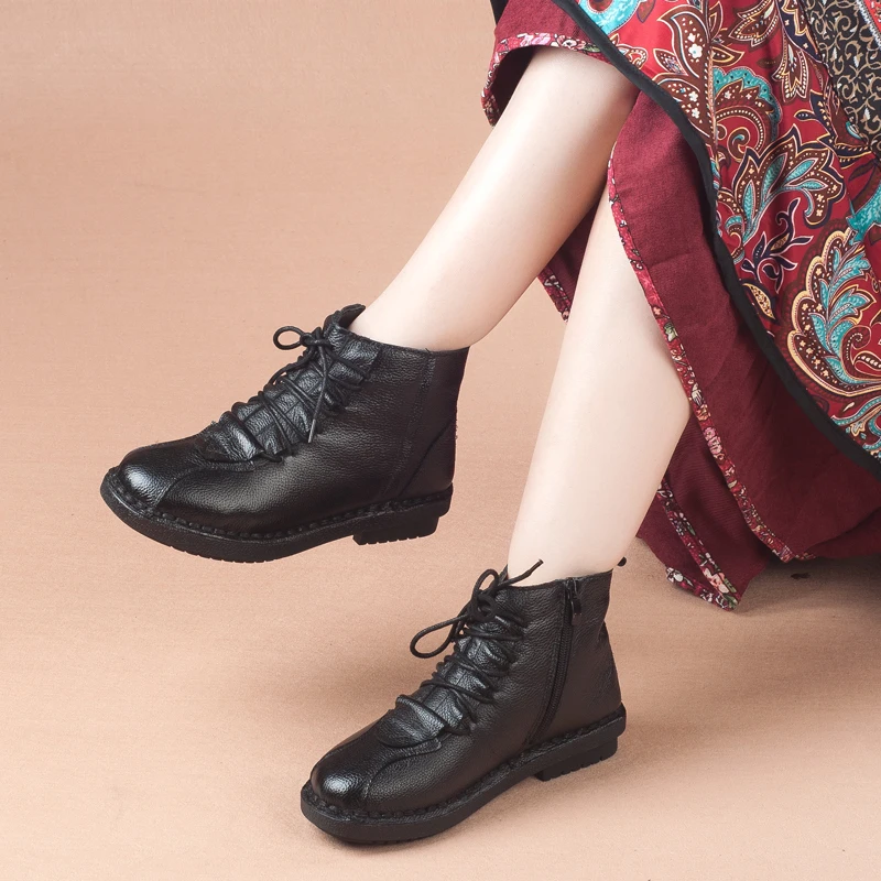 Ronde Avec Plat Mou Bottes Noir La Chaud rouge Chaussures Main Cuir Fond rembourré Hiver gris Tête Courtes À Rushiman Femelle Antidérapant Coton yellow En WHID9eEYb2