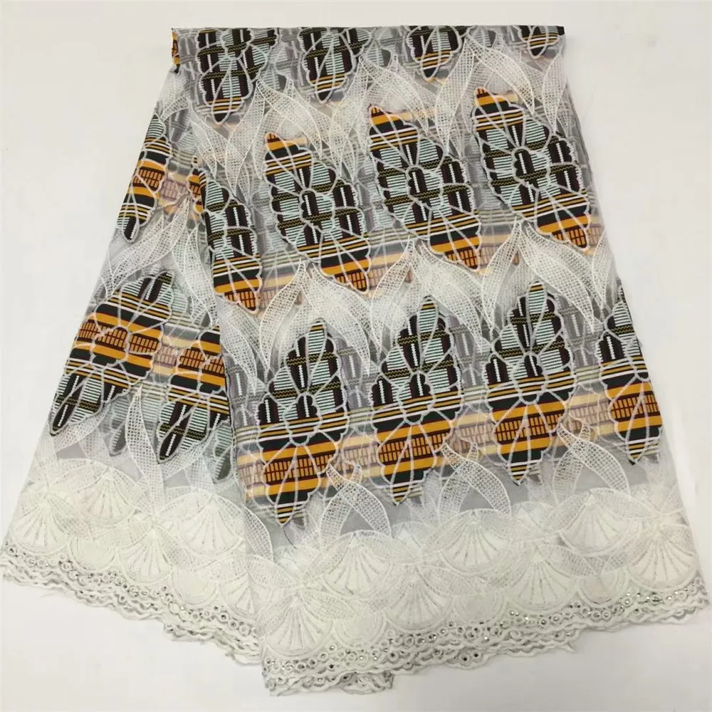 

Latest Cotton Ankara Wax Mix Lace Embroidery 6 Yards Nigerian Guipure Cord Lace Fabric African Java Wax Guipure HJ163-1