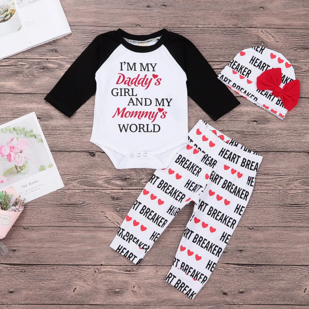

2019 Brand New Infant Toddler Baby Girl Boy Cotton Outfit Clothes Romper Tops Pants Hat 3Pcs Valentine's Outfits L1214