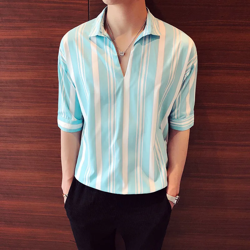 

Men's Shirt 2019 Fashion Summer V-neck Pullover Black Tuxedo Stench Casual Striped Slim Fit Half Sleeve Tops Costume Shirts Men