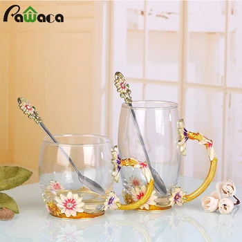 

Heat-resistant Mug With Spoon Handmade Enamel Home Decration Enamel Flower Crystal Glass Coffee Tea Water Cup Drinkwear Gift