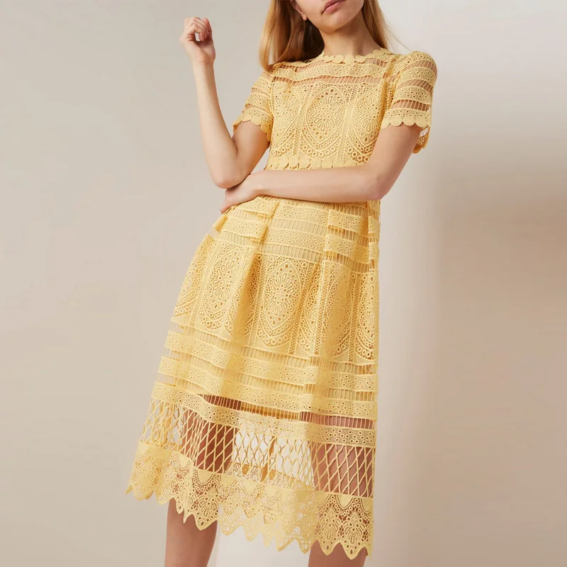 JSXDHK Summer Runway Swing Dress Women Short Sleeve Yellow Lace Holiday Long Dress Fashion Floral Hollow Out Party Midi Dress