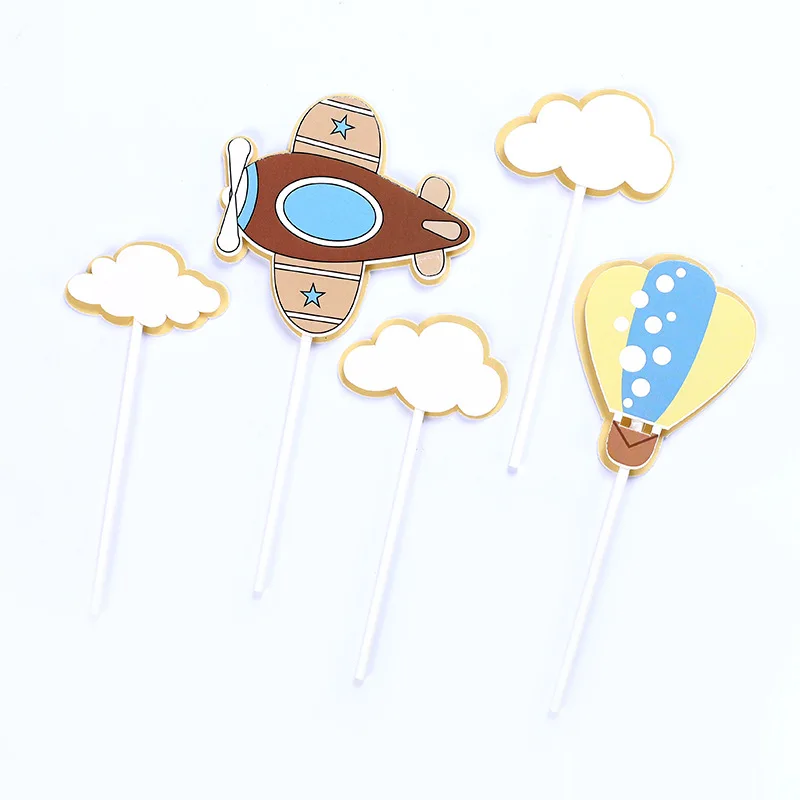 1 Set Clouds Fire Balloon Aircraft Theme Children's Birthday Cake Topper Cartoon Design Child Boy Party Supplies Cake Decoration