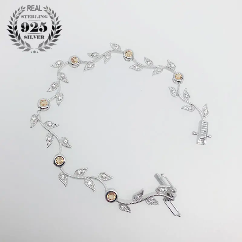 

[ Natural Crystal ] Exquisite 925 Sterling Silver Chain Leaf Bracelets for Women Girls Bracelet Female Fashion Jewelry