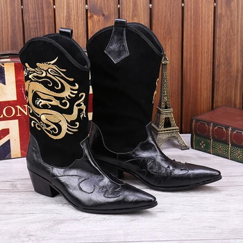 

2016 Mid-calf pointed slip on Booties embroidered western boots for men pointed high heeled knight boots winter boots free ship