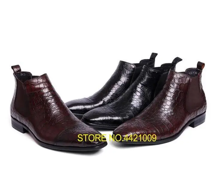 

Dress shoes men ankle boots slip on elastic band genuine leather square toes stone pattern high top casual shoes roman boots