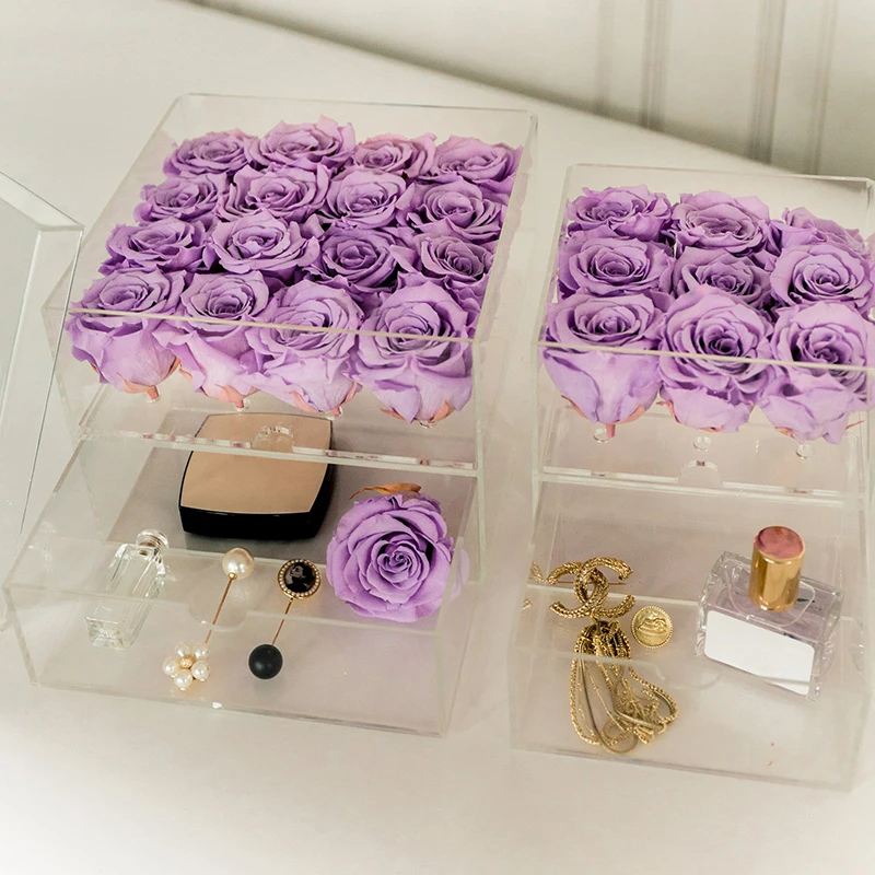 

Clear Acrylic Purple Rose Box Makeup Organizer Cosmetic Case Flower Box with Flowers Drawer Customize Valentine's Day Gifts