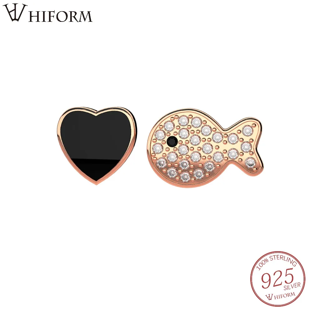 

925 Sterling Silver Black Resin Fish&Heart Stud Earrings CZ For Women & Girl Valentines Day Jewelry Korean Epoxy Earring Brinco