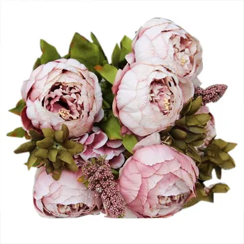 

1Bouquet 8 Heads Artificial Peony Silk Flower Leaf Home Wedding Party Decor Color red bean paste