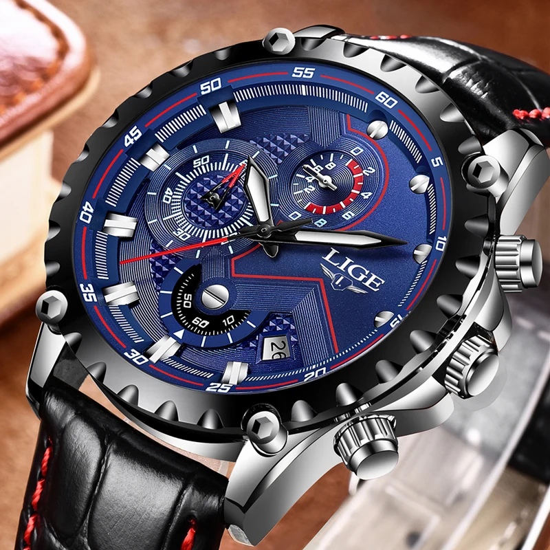 

LIGE Fashion Sports Mens Watches Top Brand Luxury Waterproof Watch Men Casual Leather Quartz Business Watch Relogio Masculino