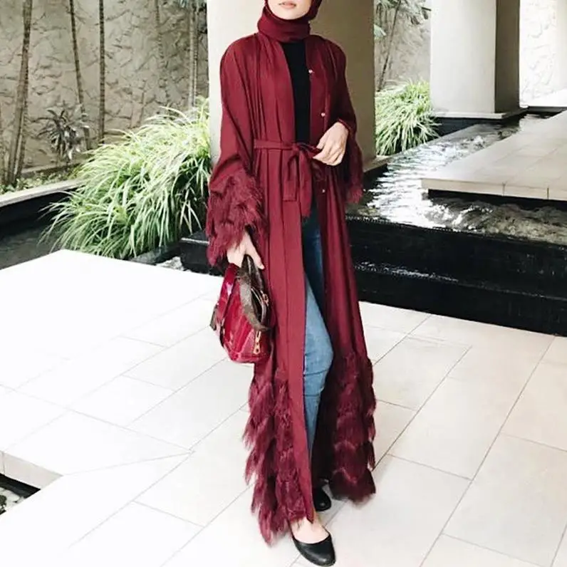Кисточка Кафтан Дубай абаи кимоно халат мусульманский хиджаб платье Абая для женщин Кафтан Marocain Qatar Elbise турецкая исламская одежда - Цвет: Wine red dress