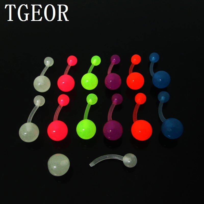 

Hot 100pcs glow in the dark mixed colors flexible acrylic belly button ring banana curved barbell navel ring free shipping