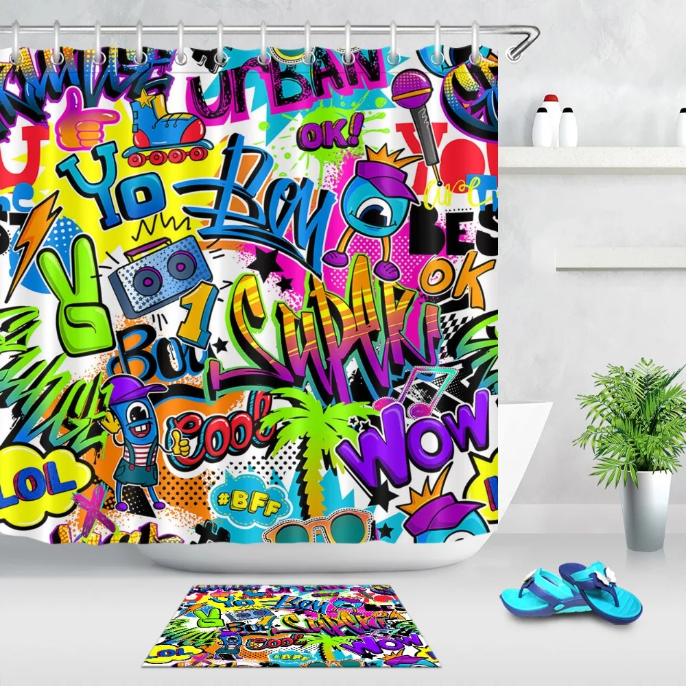 Abstract Comics Graffiti Pattern Extra Long Shower Curtains Bathroom